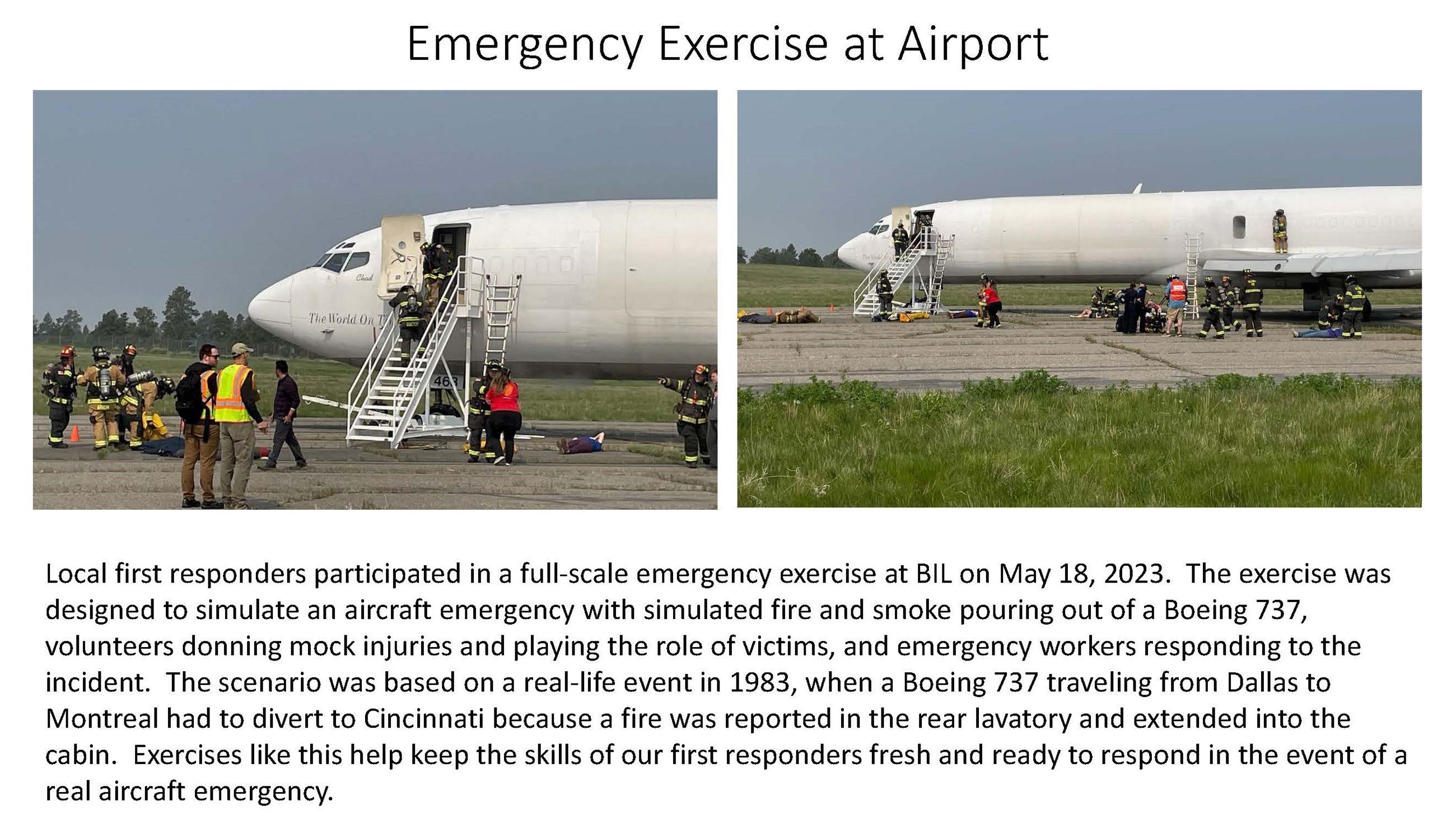 Photos and description of emergency exercise at BIL on May 18, 2023.